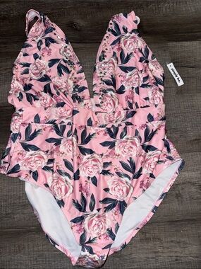 Simply Be Pink Floral One-Piece Swimsuit with Navy Leaf Accents